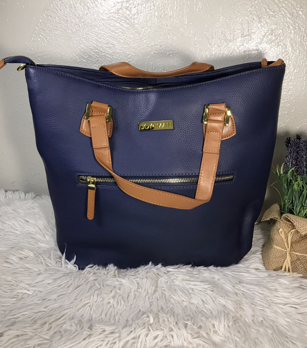 Joy & Iman Blue Pebbled Leather Tote Purse with Gold Hardware Handbag Carryall